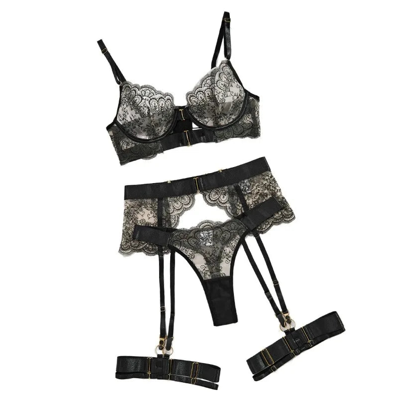 Sexy Underwired 3 Piece Lingerie Set, Floral Embroidery Sheer Cutout Garter Belt with Metal Buckles, Plus Size Available Women's