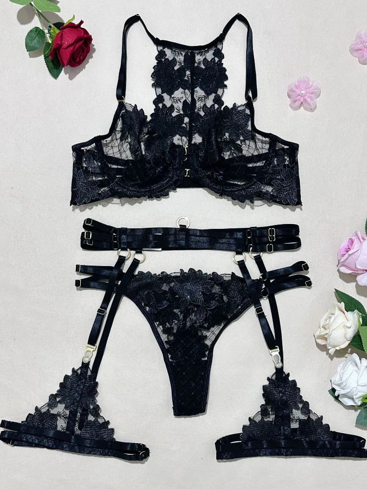 Sexy Bra Thong Exotic Apparel Sexy Suit Women Lace Underwear 5 Pieces Floral Embroidery Black Transparent Lingerie