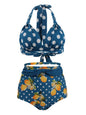 Pleated Bikini Red Top Navy Blue With White Dots Bottom Women Classic High Waist Halter Bikini Sets Plus Size Two-piece Swimwear