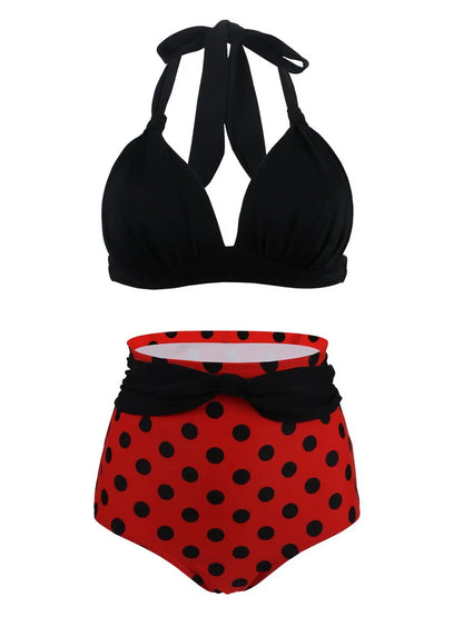 Pleated Bikini Red Top Navy Blue With White Dots Bottom Women Classic High Waist Halter Bikini Sets Plus Size Two-piece Swimwear