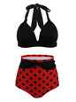 Pleated Bikini Red Top Navy Blue With White Dots Bottom Women Classic High Waist Halter Bikini Sets Plus Size Two-piece Swimwear