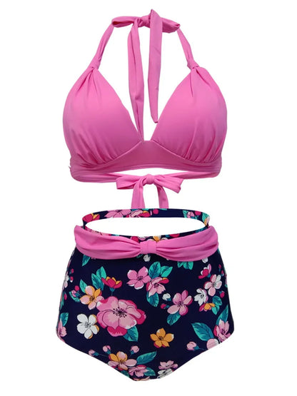 Pleated Bikini Red Top Navy Blue With White Dots Bottom Women Classic High Waist Halter Bikini Sets Plus Size Two-piece Swimwear