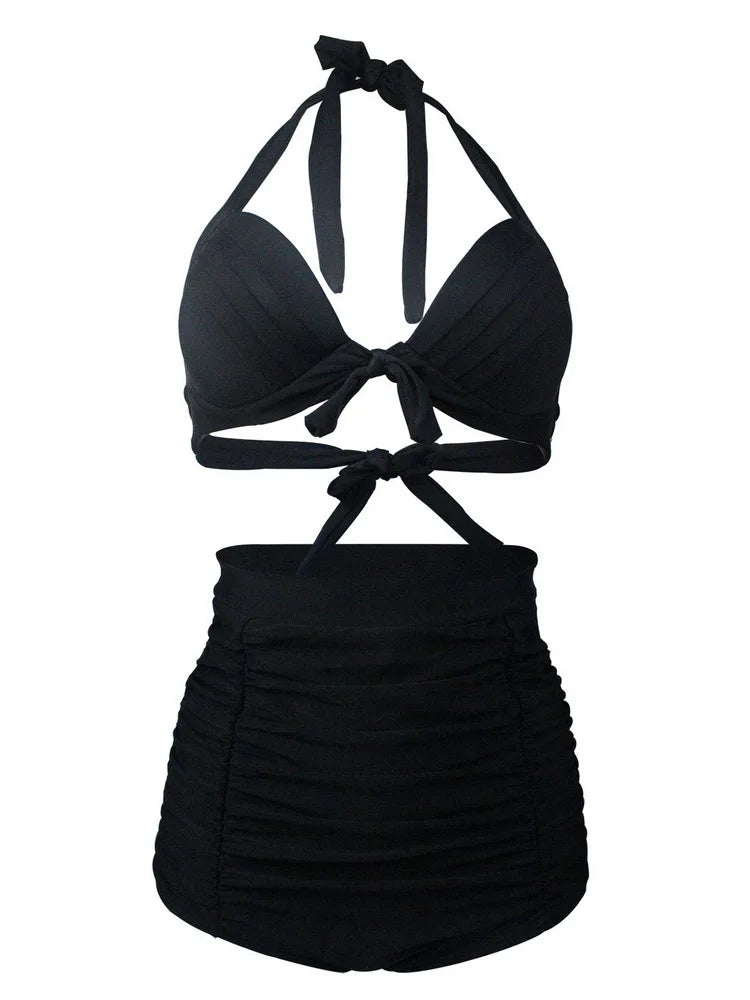 Pleated Bikini Red Top Navy Blue With White Dots Bottom Women Classic High Waist Halter Bikini Sets Plus Size Two-piece Swimwear