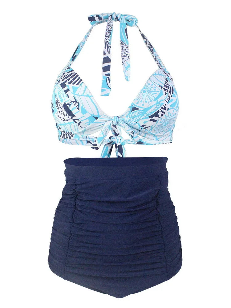 Pleated Bikini Red Top Navy Blue With White Dots Bottom Women Classic High Waist Halter Bikini Sets Plus Size Two-piece Swimwear
