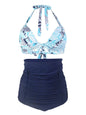 Pleated Bikini Red Top Navy Blue With White Dots Bottom Women Classic High Waist Halter Bikini Sets Plus Size Two-piece Swimwear