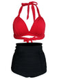 Pleated Bikini Red Top Navy Blue With White Dots Bottom Women Classic High Waist Halter Bikini Sets Plus Size Two-piece Swimwear