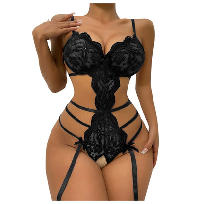 Women’s Sexy Lace Lingerie Set – Sheer Ruffle Bra & Strappy High-Waist Thong, Elegant Transparent Underwear
