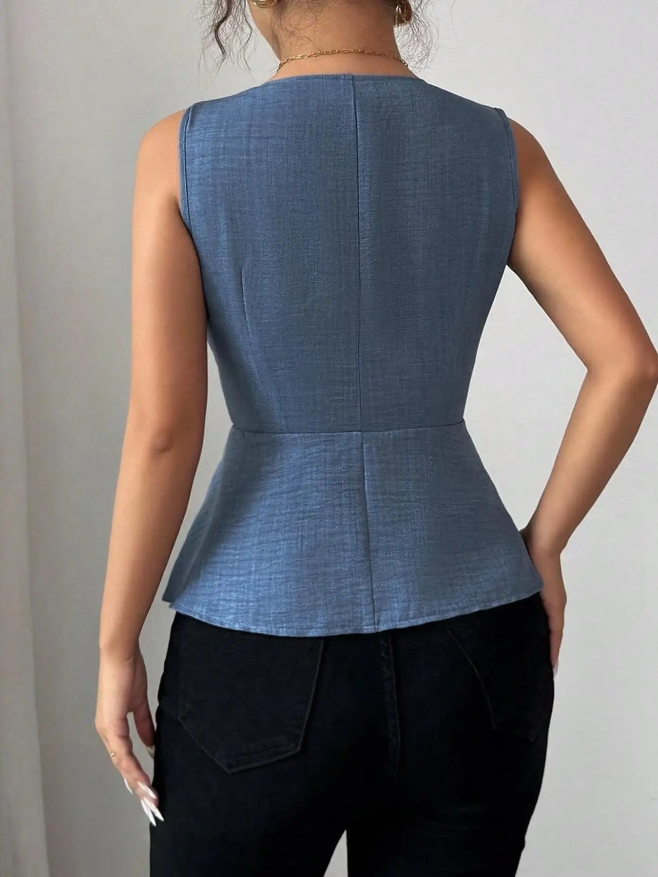 Ladies Solid Color V-Neck Sleeveless Open Front Slim Fit Shirt with Metal Button Decoration Single Piece