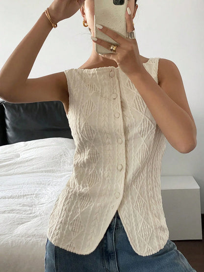 Women's summer sleeveless geometric texture single breasted casual shirt