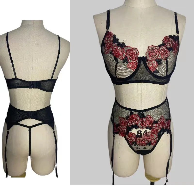 Tornova 3 Piece Set Sexy Lingerie Lace Embroidered Eyelashes Perspective Underwired Push-up Bra See-through Women's Underwear
