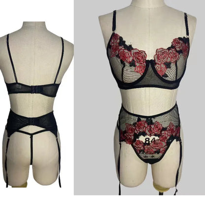 Tornova 3 Piece Set Sexy Lingerie Lace Embroidered Eyelashes Perspective Underwired Push-up Bra See-through Women's Underwear