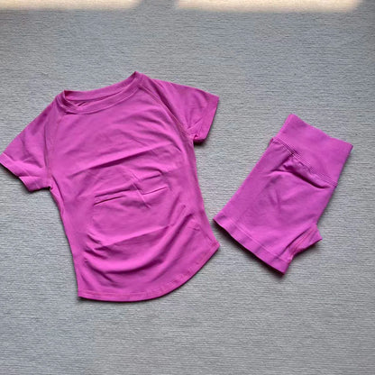 Gym Shirt Shorts 2-Piece Gym Set Women Seamless Raglan Sleeve Top And 4.5" Ribbed Waistband Shorts Fitness 2pcs Workout Set