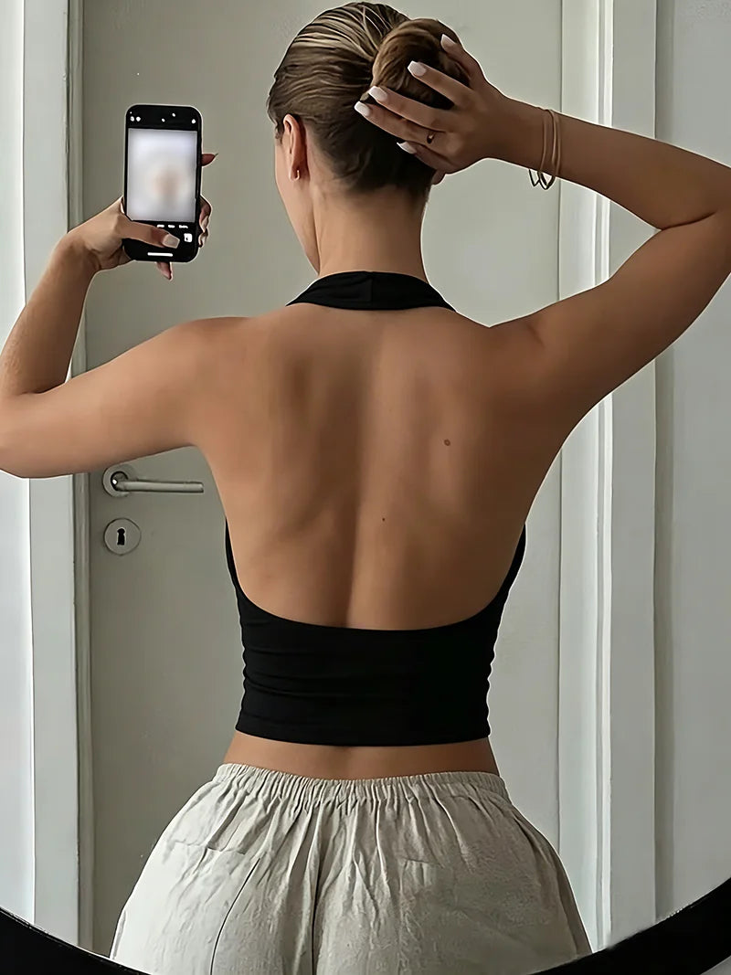 Summer Casual Elegant Sexy Comfortable Solid Color Hanging Neck Sleeveless Backless Vest Top