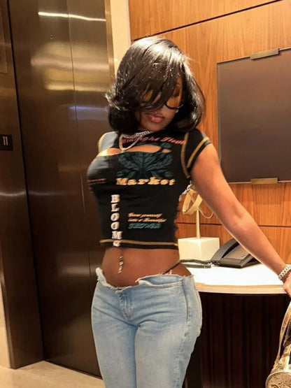 Hollow Out Crop Top Women Summer Aesthetic Clothes Printing Y2k Accessories O-Neck Ropa De Mujer Sexy Roupas Femininas Estilosas