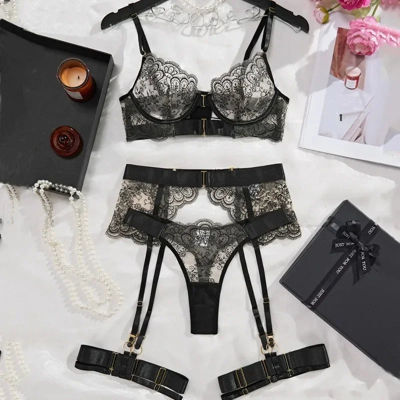 Sexy Underwired 3 Piece Lingerie Set, Floral Embroidery Sheer Cutout Garter Belt with Metal Buckles, Plus Size Available Women's