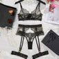 Sexy Underwired 3 Piece Lingerie Set, Floral Embroidery Sheer Cutout Garter Belt with Metal Buckles, Plus Size Available Women's