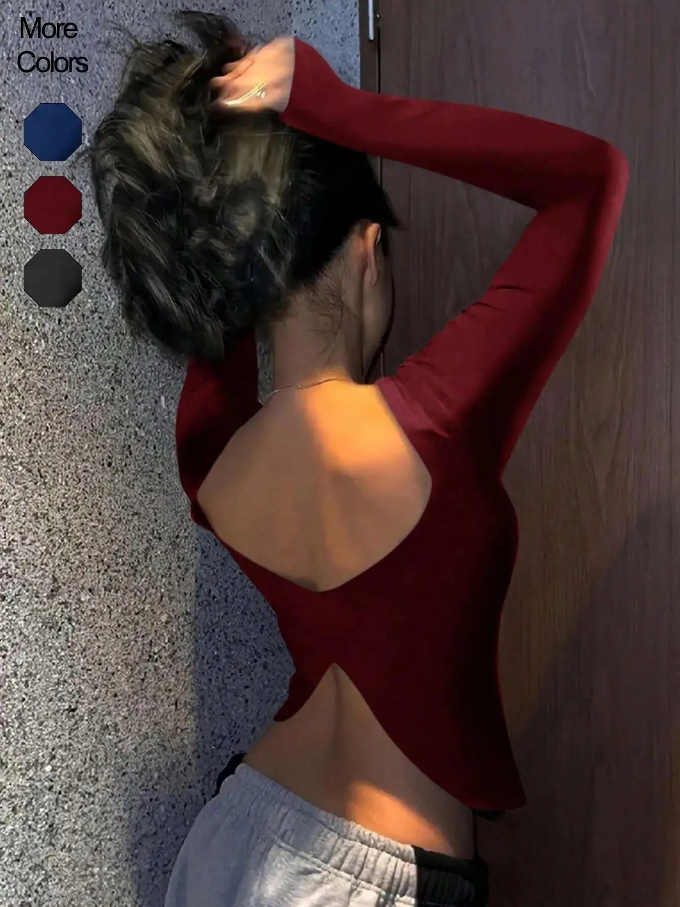 Ladies Solid Color Round Neck Long Sleeve T-Shirt Slim Fit Casual Style Daily Top Comfortable Fashionable Backless Design
