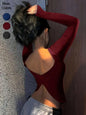 Ladies Solid Color Round Neck Long Sleeve T-Shirt Slim Fit Casual Style Daily Top Comfortable Fashionable Backless Design