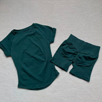 Gym Shirt Shorts 2-Piece Gym Set Women Seamless Raglan Sleeve Top And 4.5" Ribbed Waistband Shorts Fitness 2pcs Workout Set