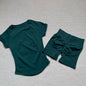 Gym Shirt Shorts 2-Piece Gym Set Women Seamless Raglan Sleeve Top And 4.5" Ribbed Waistband Shorts Fitness 2pcs Workout Set
