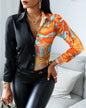 Women Fashion Wild Shirts Chain/Floral/Letter/Geometric Square Print Turn-Down Collar Long Sleeve Blouses