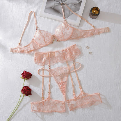 Fancy Lingerie Floral Lace Ensemble Brazilian Underwear Attractive Chest Suspenders Sexy Hot Sissy Outfit See Through Bra Sets