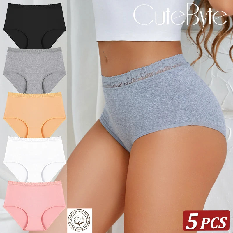 5PCS/Set Cotton Panties Women's High Waist Briefs Seamless Cozy Lingerie Lace Waist Sexy Panties Solid Color Intimate Underpants