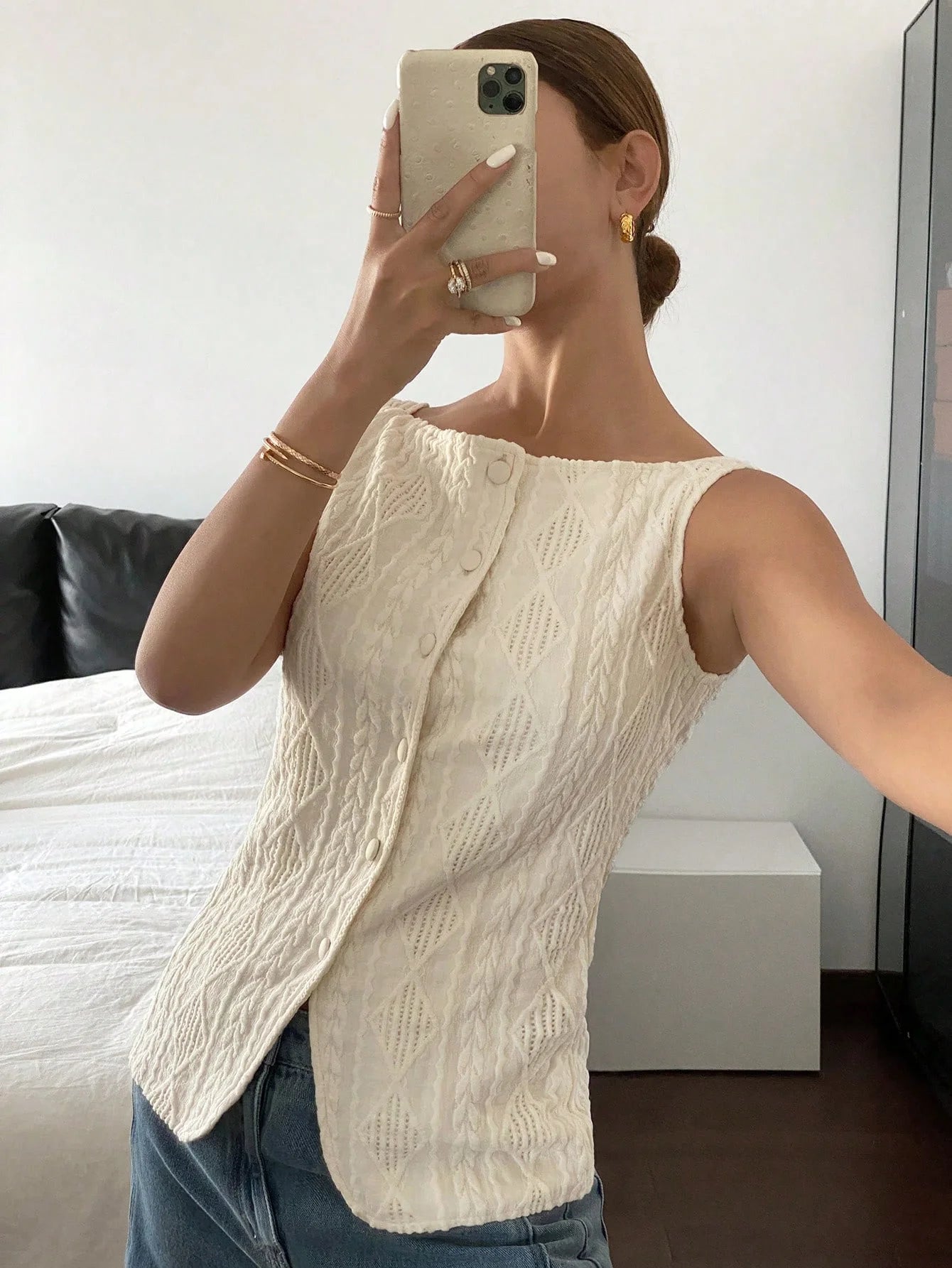 Women's summer sleeveless geometric texture single breasted casual shirt
