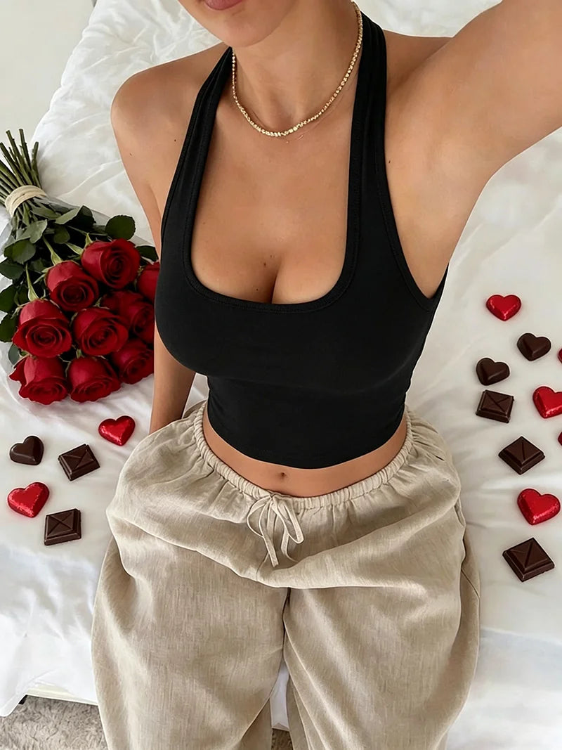 Summer Casual Elegant Sexy Comfortable Solid Color Hanging Neck Sleeveless Backless Vest Top
