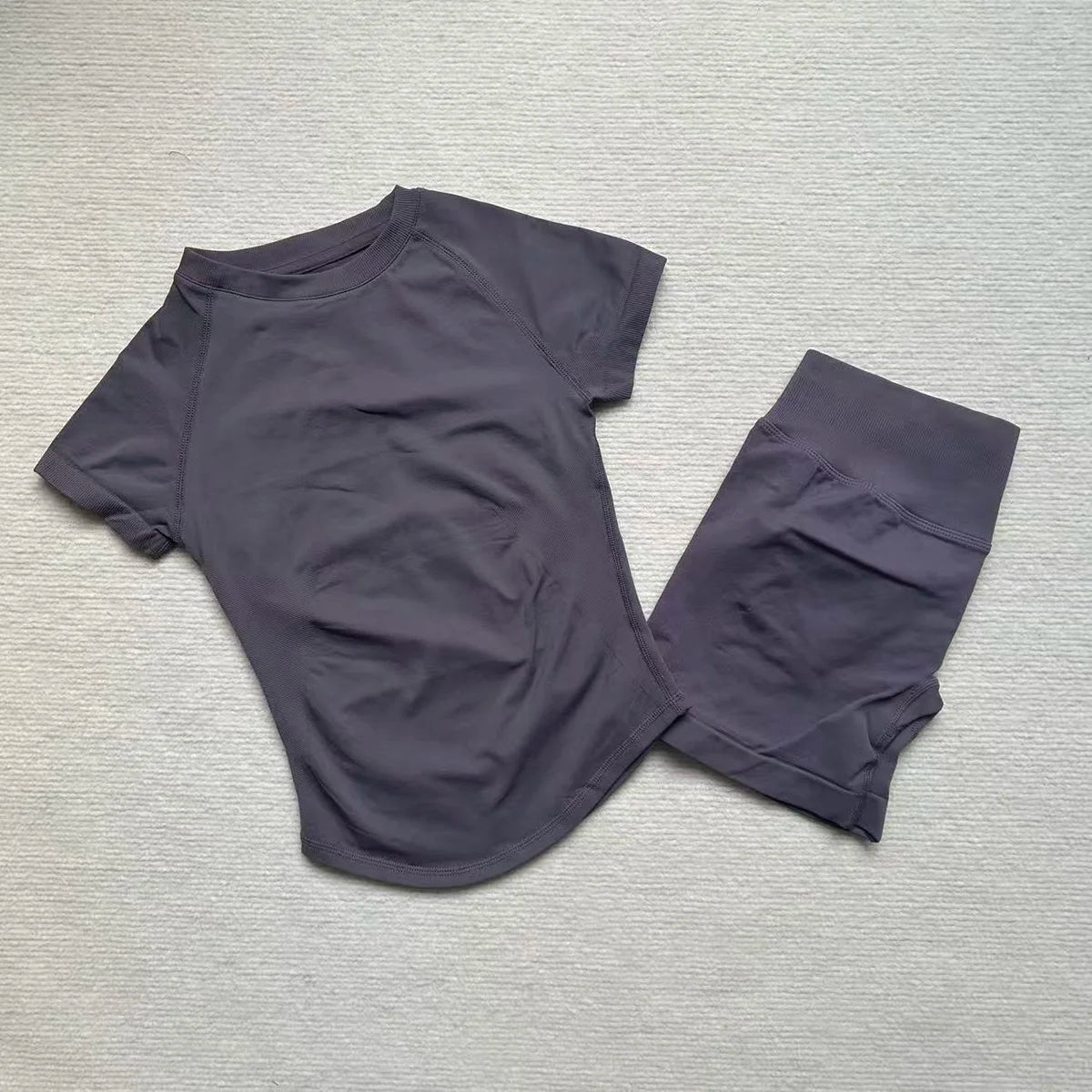 Gym Shirt Shorts 2-Piece Gym Set Women Seamless Raglan Sleeve Top And 4.5" Ribbed Waistband Shorts Fitness 2pcs Workout Set