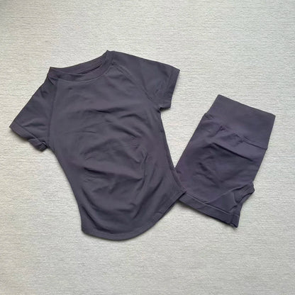 Gym Shirt Shorts 2-Piece Gym Set Women Seamless Raglan Sleeve Top And 4.5" Ribbed Waistband Shorts Fitness 2pcs Workout Set