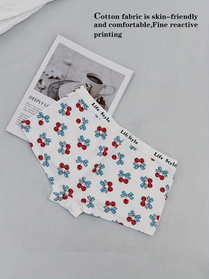 Random color 3 cute fruit pattern cherry print comfortable and breathable casual underwear for women, boxer pants