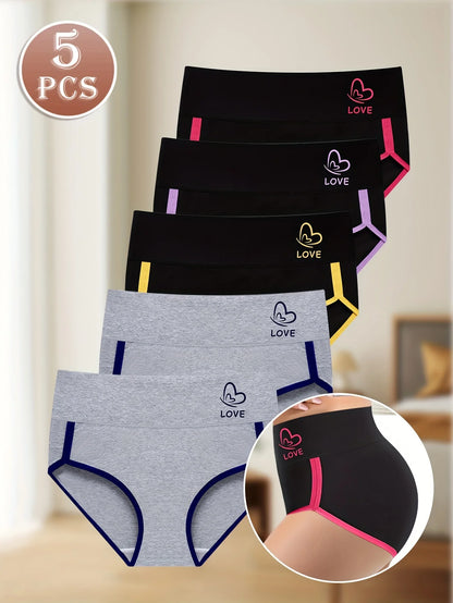 5pcs Women's Mid-Rise Briefs, Elegant Colorblock Design with Pink Accents, Comfortable Tummy Control Waist Cincher, Polye