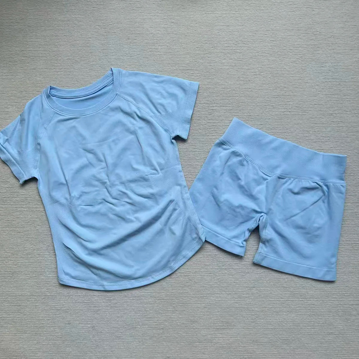 Gym Shirt Shorts 2-Piece Gym Set Women Seamless Raglan Sleeve Top And 4.5" Ribbed Waistband Shorts Fitness 2pcs Workout Set