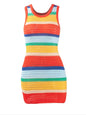 Women Panelled Striped Knitted Hollow Out Mini Dress Casual Tank Sleeveless Bodycon Hot Girl Streetwear Outfit