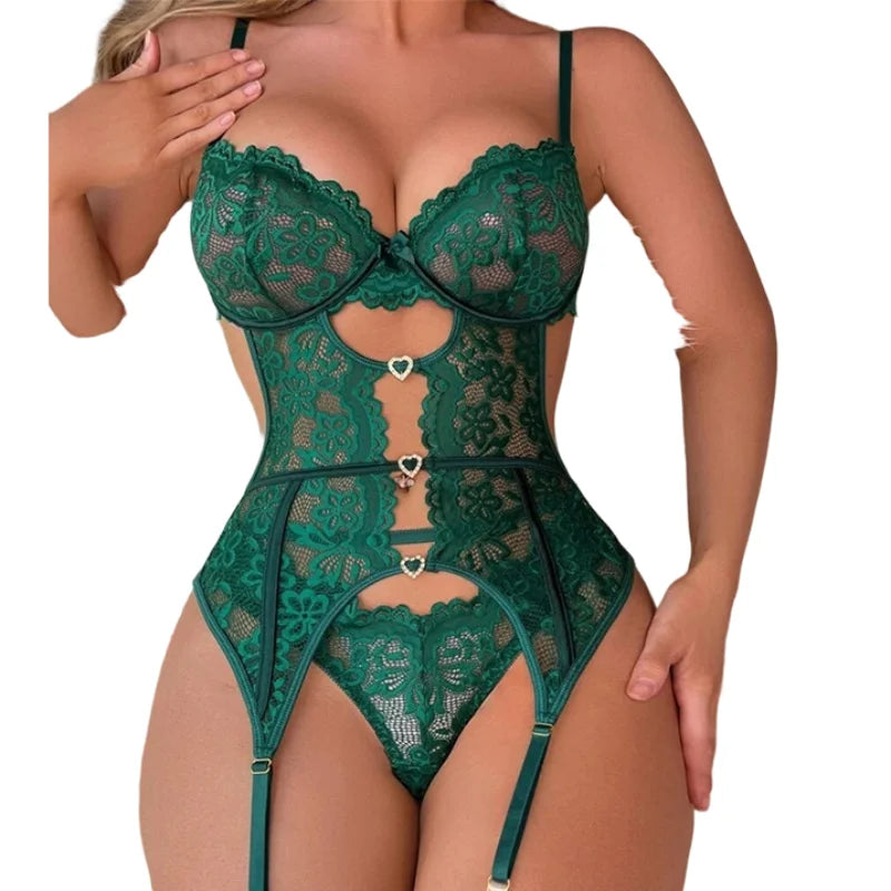 2026 Lace Sexy Lingerie Set Sheer Transparent Bra Garter Belt Women's Hot Sleepwear Underwear Set Romantic Valentine's Gift