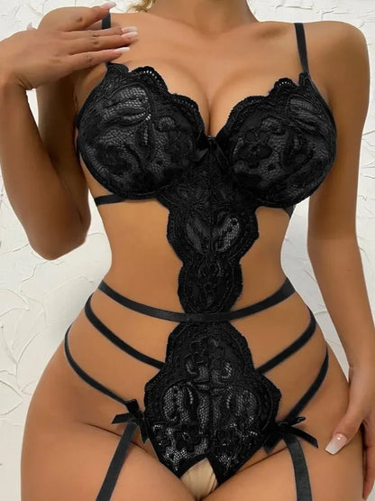Women’s Sexy Lace Lingerie Set – Sheer Ruffle Bra & Strappy High-Waist Thong, Elegant Transparent Underwear