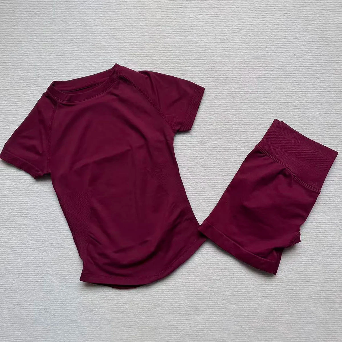 Gym Shirt Shorts 2-Piece Gym Set Women Seamless Raglan Sleeve Top And 4.5" Ribbed Waistband Shorts Fitness 2pcs Workout Set