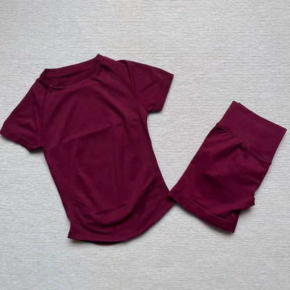 Gym Shirt Shorts 2-Piece Gym Set Women Seamless Raglan Sleeve Top And 4.5" Ribbed Waistband Shorts Fitness 2pcs Workout Set