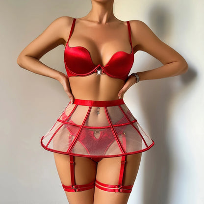 2026 French Deep V Gathering Fishbone Skirt Support Hollow Perspective Mesh Body Shaping Sexy Underwear Three Piece Set