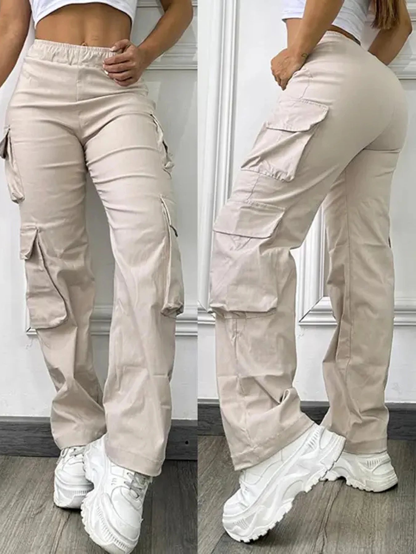 Women's fashion solid color pocket high waist elastic work pants