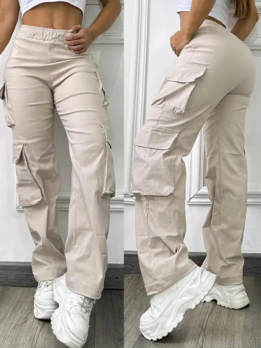 Women's fashion solid color pocket high waist elastic work pants