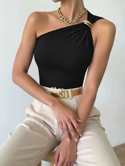Ladies Black Single Shoulder Elastic Knitted Top with Gold Details Trendy Tight Fit Sexy Party Shirt for Night out