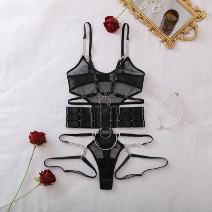 2026 Personalized Spicy Girl Fashion Hollow Perspective Mesh Design Sense Binding Belt Body Shaping jumpsuit