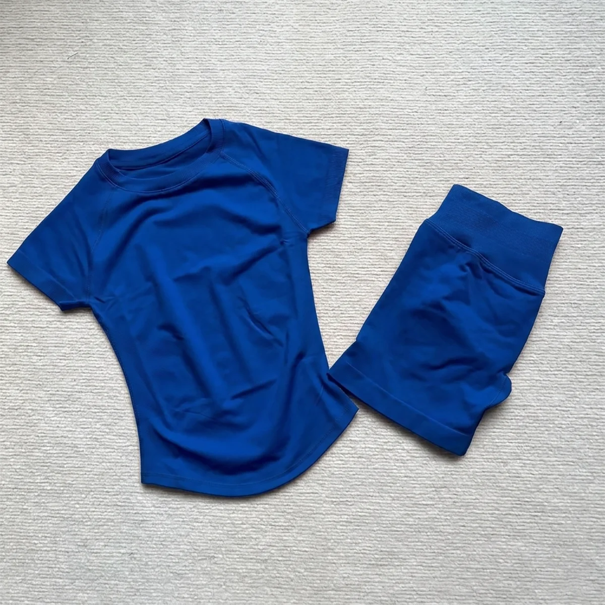 Gym Shirt Shorts 2-Piece Gym Set Women Seamless Raglan Sleeve Top And 4.5" Ribbed Waistband Shorts Fitness 2pcs Workout Set