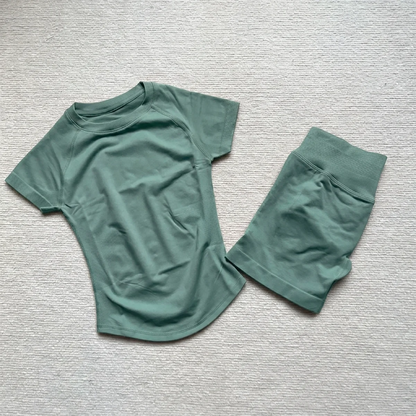 Gym Shirt Shorts 2-Piece Gym Set Women Seamless Raglan Sleeve Top And 4.5" Ribbed Waistband Shorts Fitness 2pcs Workout Set