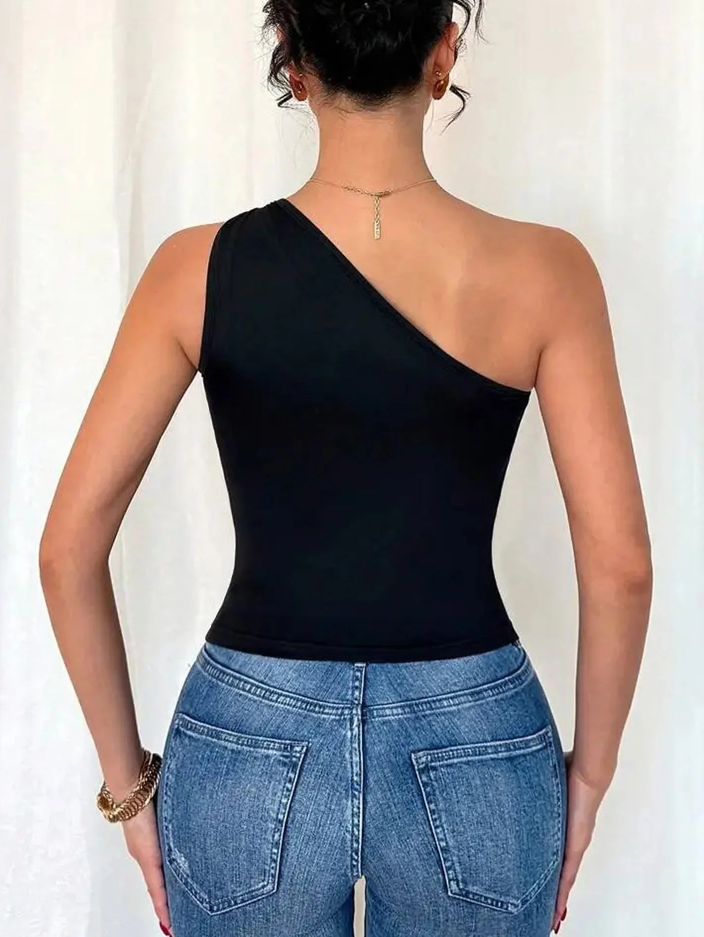 Ladies Black Single Shoulder Elastic Knitted Top with Gold Details Trendy Tight Fit Sexy Party Shirt for Night out