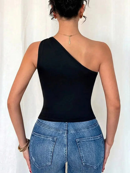 Ladies Black Single Shoulder Elastic Knitted Top with Gold Details Trendy Tight Fit Sexy Party Shirt for Night out