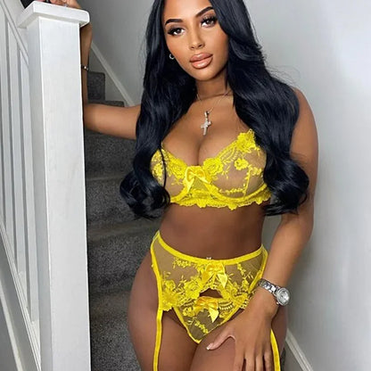 Tornova 3 Piece Set Sexy Lingerie Lace Embroidered Eyelashes Perspective Underwired Push-up Bra See-through Women's Underwear