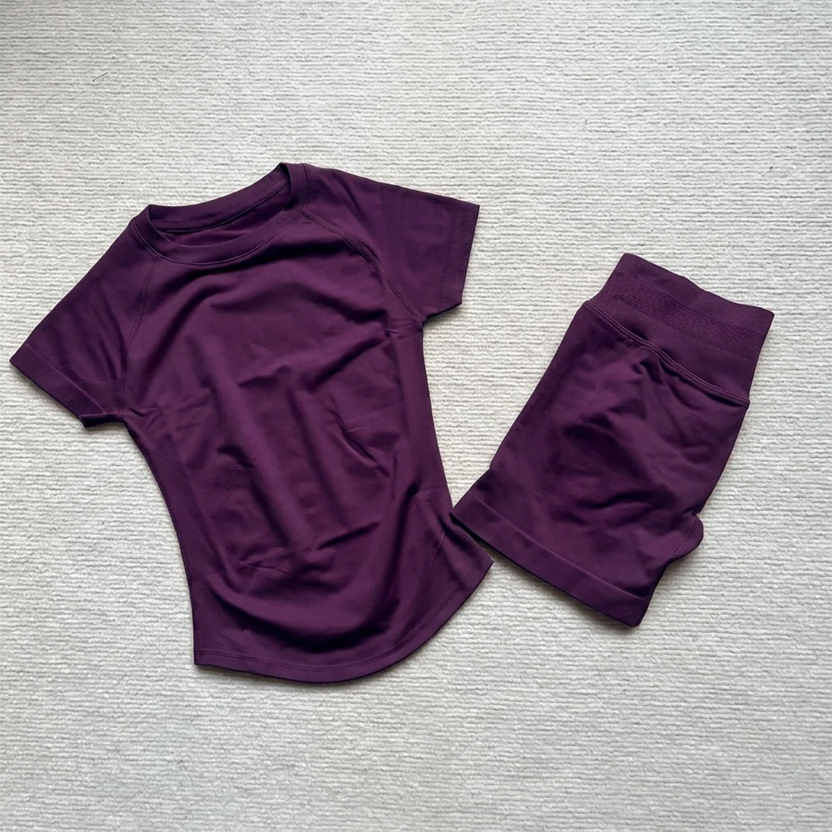 Gym Shirt Shorts 2-Piece Gym Set Women Seamless Raglan Sleeve Top And 4.5" Ribbed Waistband Shorts Fitness 2pcs Workout Set